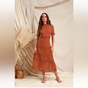Lulus Dreaming Of You Rust Orange Swiss Dot Midi Dress